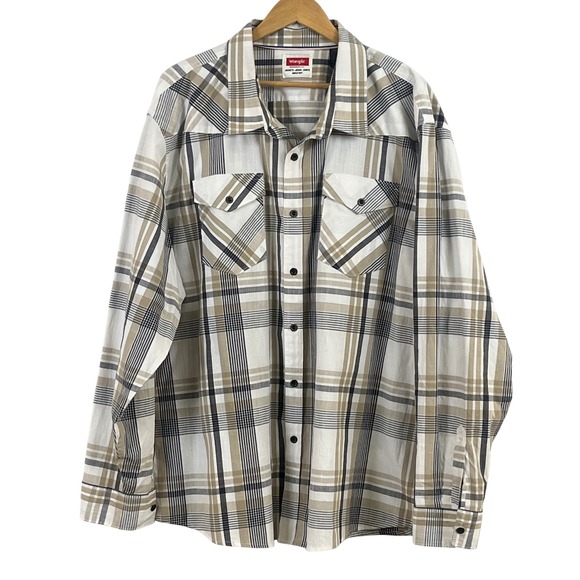 Wrangler Men's Western Tan Black Plaid Long Sleeve Shirt Button Cowboy Big 3XL - Picture 1 of 6
